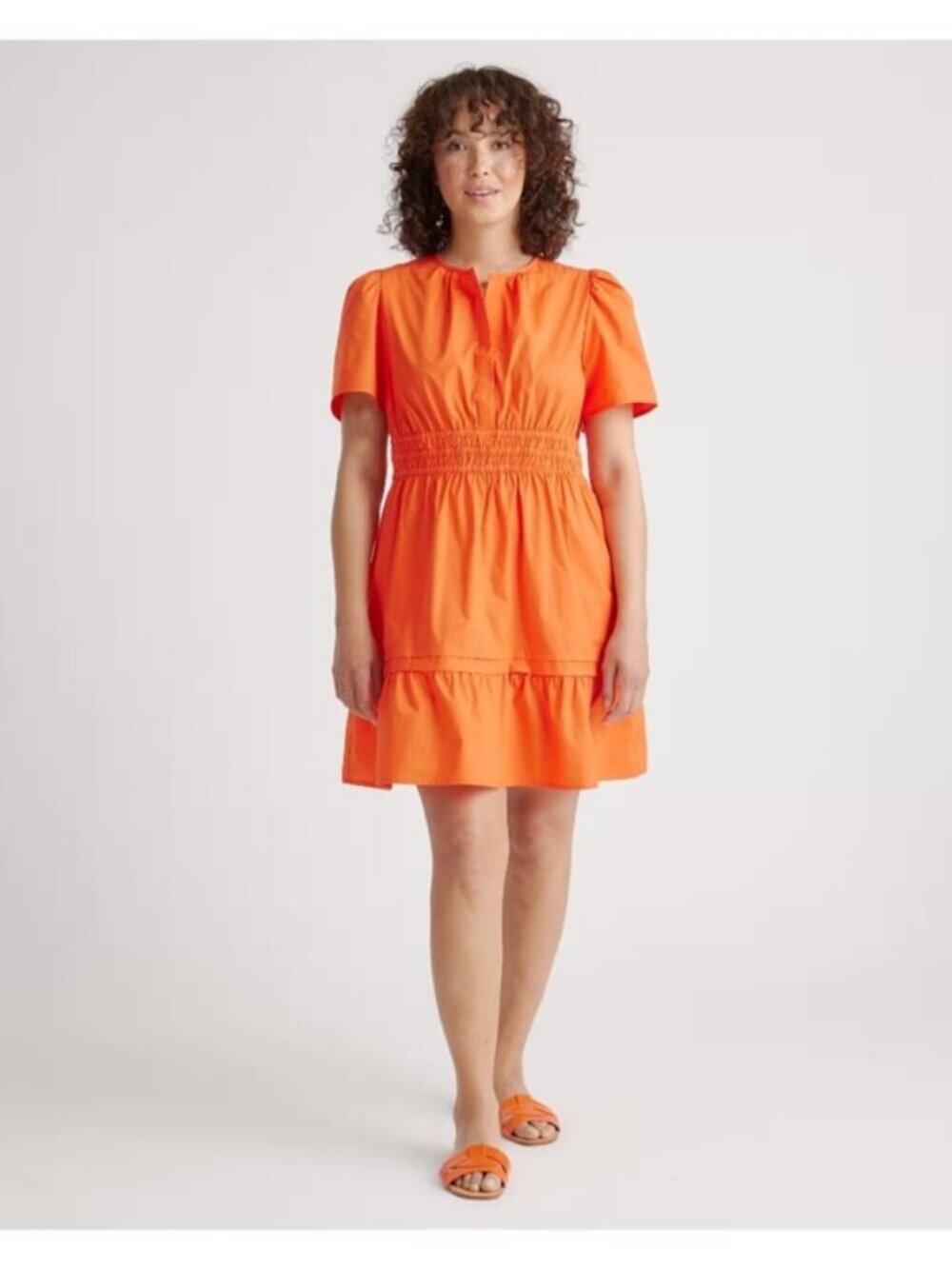 Quince 100% Organic Cotton Poplin Tiered Mini Dress Vermilion Red L